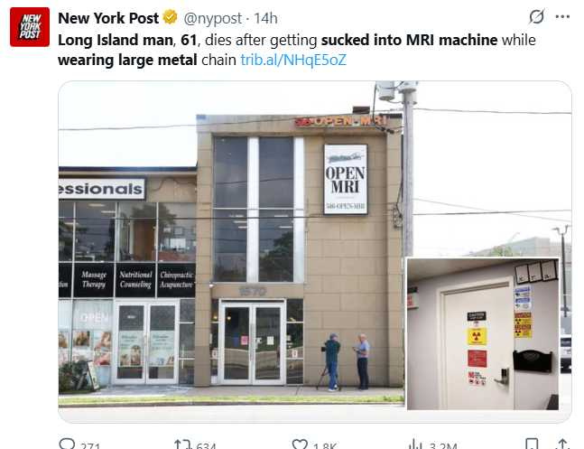 61歲男子疑因佩戴金屬項鍊誤闖檢查室，遭強磁場吸附不治。（圖／翻攝自X）