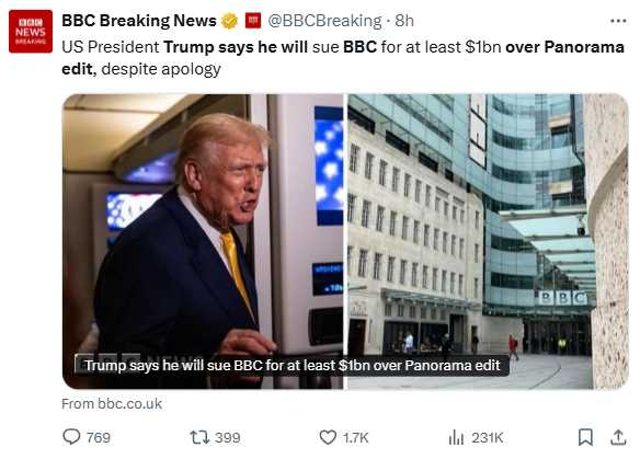 川普律師指出，BBC錯誤報導導致重大聲譽損害，已要求全面撤片與賠償。（圖／翻攝自X，BBC Breaking News）