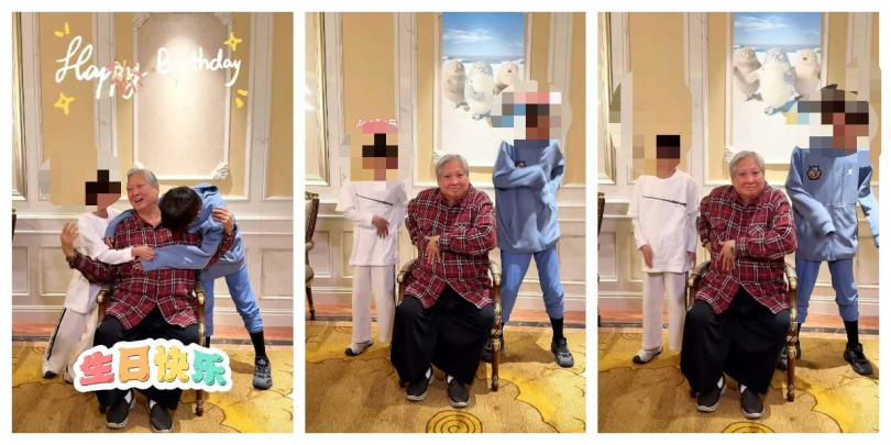 洪金寶與長孫洪大仁(左)、次孫洪竟稀(右)合體演出俏皮舞蹈。