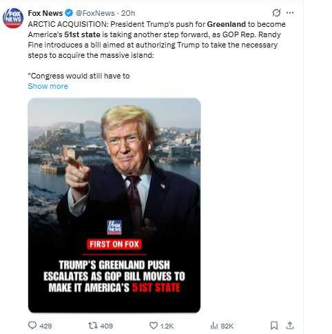 格陵蘭或成美國第51州？川普與共和黨人提案引發關注。（圖／翻攝自X，@FoxNews）