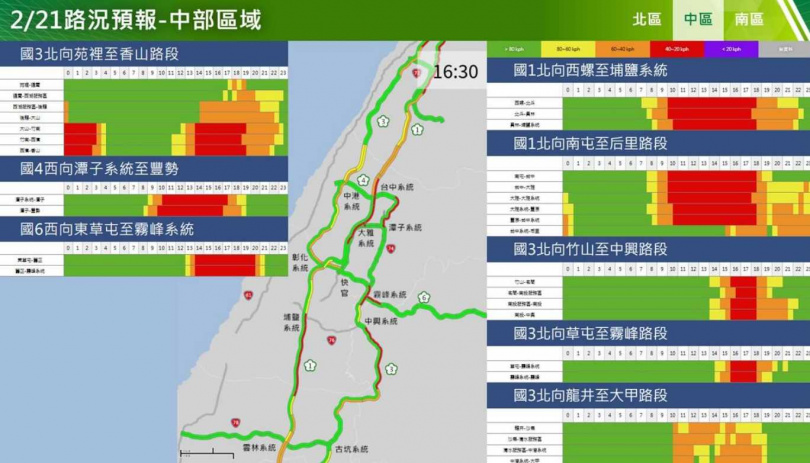 初五中部路段北向路況預報圖。（圖／高公局）