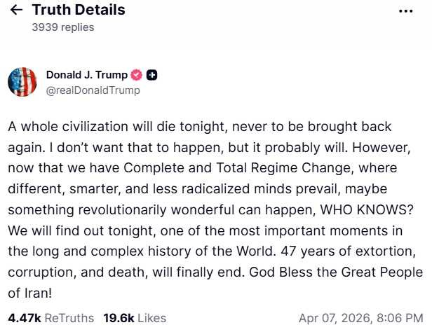 川普在真實社群(Truth Social)發聲,稱一個文明將在今晚殞落,更寫下「願上帝保佑偉大的伊朗人民!」(圖/翻攝自Truth Social/realDonaldTrump)