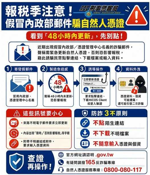 刑事局提醒民眾報稅季應小心防範不明網站，以免遭詐。(圖／刑事局提供)