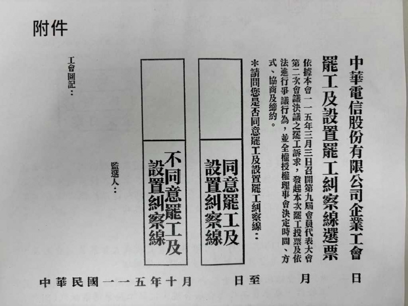 中華電信工會的罷工投票僅有兩欄投票選擇,分別是「同意罷工及設置糾察線」、「不同意罷工及設置糾察線」,遭質疑不夠嚴謹。(圖/讀者提供)