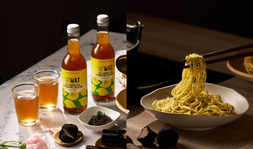 在雞湯大叔點特定套餐也可喝到WAT凍檸茶氣泡雞尾酒（左），右為附餐「蒜香松露醬鳥巢麵」。（圖／雞湯大叔提供）