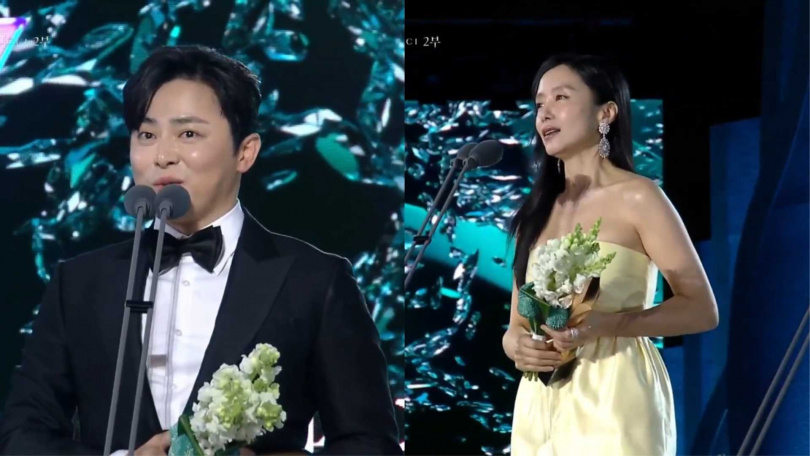 曹政奭及全道嬿獲封電影部門男子、女子最優秀演賞。（圖／翻攝PRIZM）