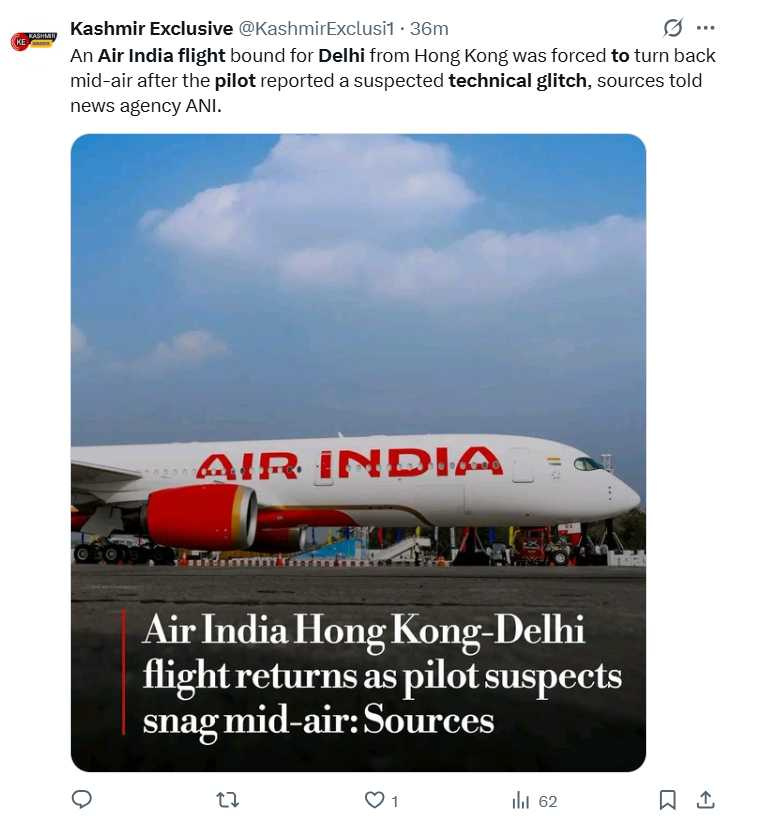 印度航空AI819航班因技術問題緊急返航德里。（圖／翻攝自X）