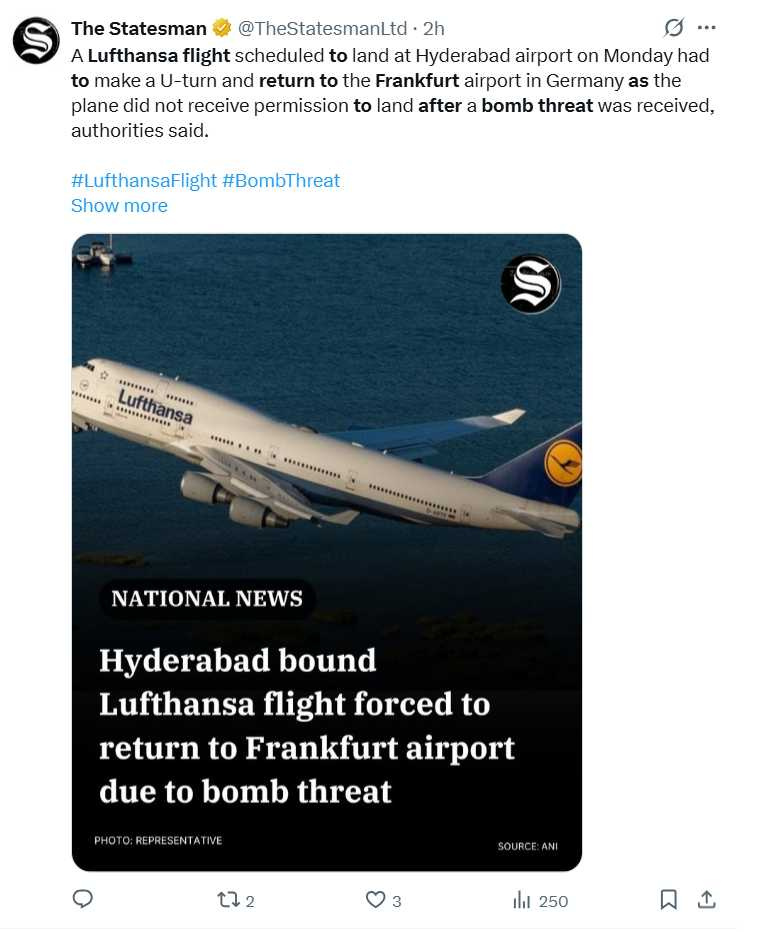 德國漢莎航空LH752因炸彈威脅信件半途折返法蘭克福。（圖／翻攝自Ｘ）