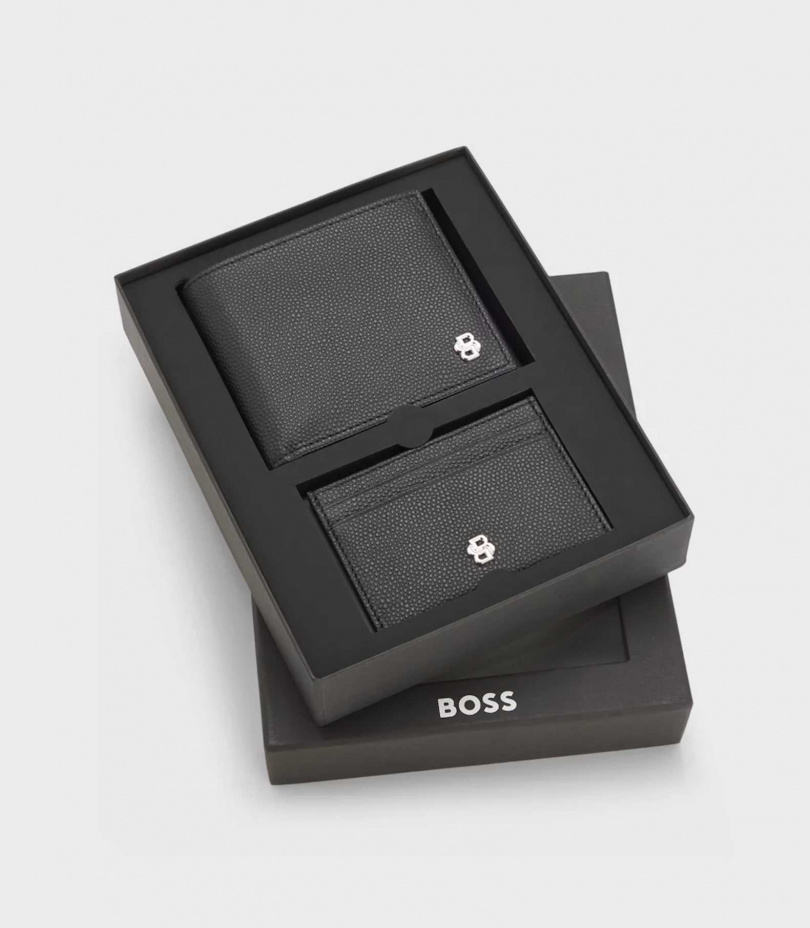 BOSS黑色小牛皮短夾與卡夾套組禮盒／6200元（圖／品牌提供）