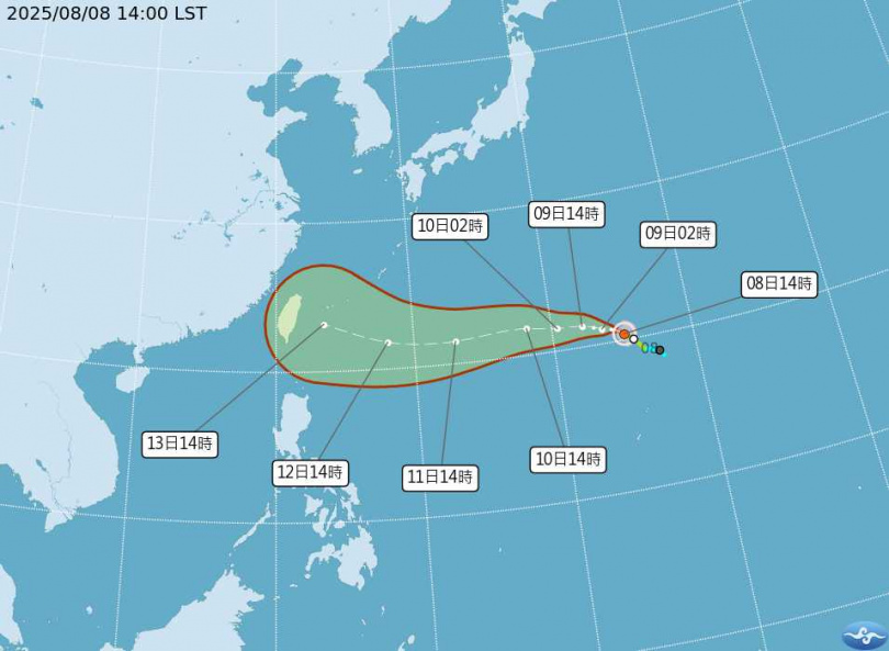 氣象圖呈現「楊柳」颱風最新位置與預測移動路徑。（圖／氣象署提供）