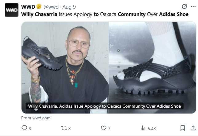 Adidas「Oaxaca Slip-On」鞋款設計靈感源於瓦哈卡州維拉伊達爾戈亞拉拉格社區的傳統華拉契涼鞋,但未經授權引發文化挪用爭議。(圖/翻攝自X)