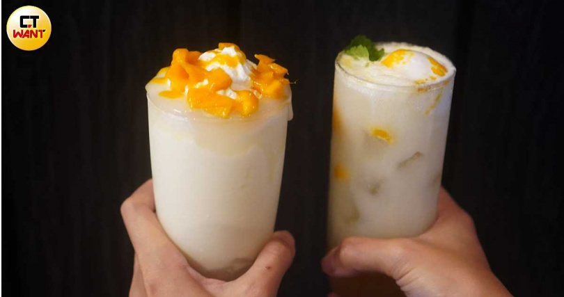 金田屋大福飲系列推出新口味「芒果牛奶大福飲」（左），右為沁涼暢快的「芒果漂浮氣泡飲」。（各150元，圖／魏妤靜攝）