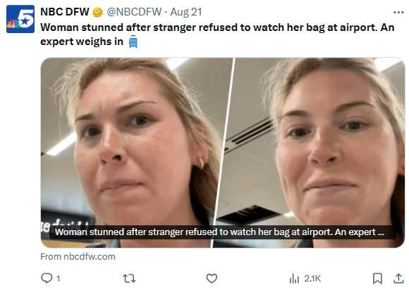 歐班儂表示,廁所就在登機口附近幾步路之遙,原以為對方會答應,卻被直接拒絕。(圖/翻攝自X,@NBCDFW)