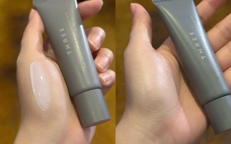 紫色飾底乳能幫助修飾蠟黃感，散發溫潤如珍珠般的光澤。（圖／廖怡婷 攝）