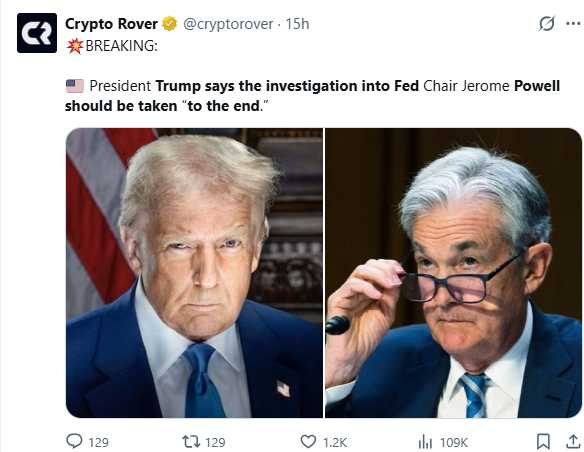 聯準會主席鮑爾日前證實正接受刑事調查，強調貨幣政策須維持獨立性。＊（圖／翻攝自X，@cryptorover）