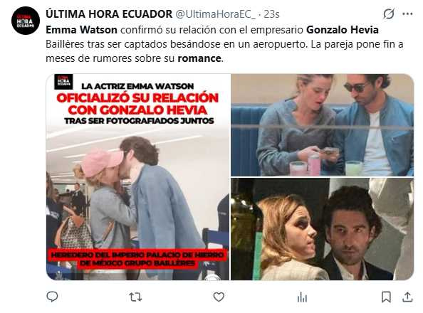 艾瑪華森與墨西哥企業家岡薩洛赫維亞拜亞雷斯3月4日在墨西哥市機場被拍到親吻畫面，兩人互動引發外界關注。（圖／翻攝自X，@UltimaHoraEC_）