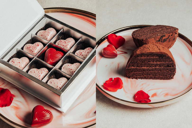 「怦然心動．情人巧克力」（左，920元／9入）、「濃情黑松露巧克力」。（800元／4吋，圖／台北君悅酒店提供）