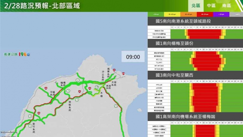 和平紀念日連假首日北區路況預測。（圖／高公局提供）