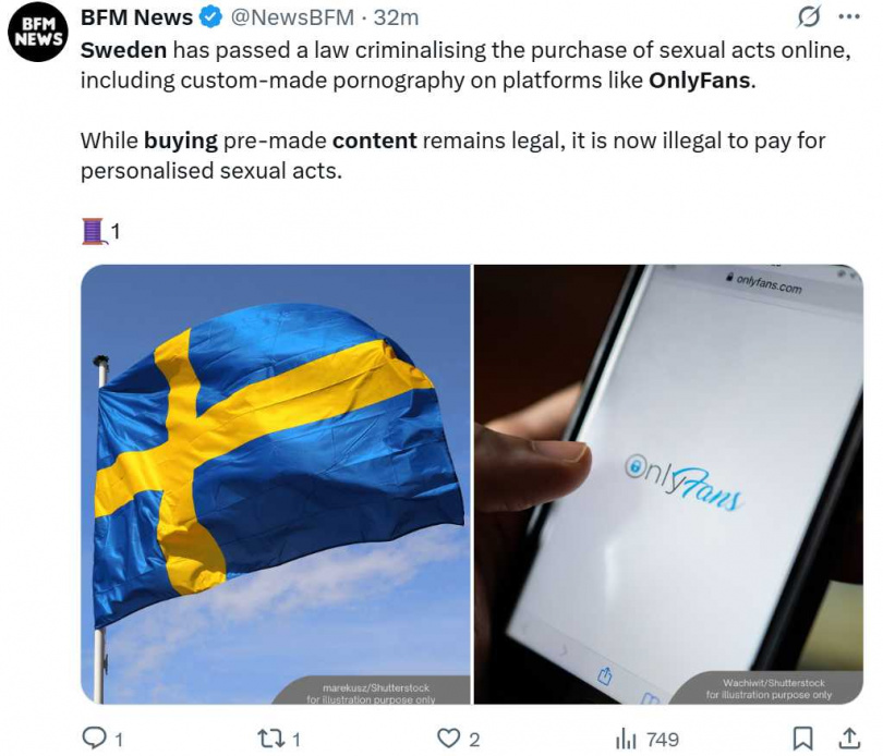 瑞典議會近日通過針對數位性交易新法案，若付費觀看即時線上大尺度表演，將被視為與實體買春相同的違法行為。（圖／翻攝自X）