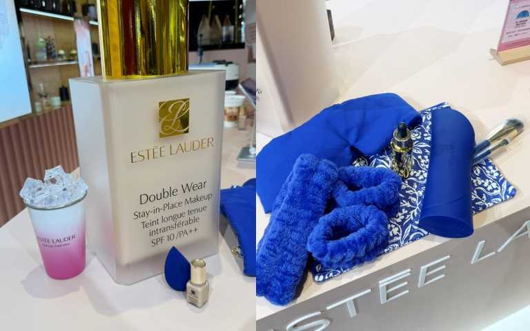 (左)預約專屬禮：繳交預約金500元（可折抵），消費任一正貨即贈「沁涼冰杯＋海軍藍美妝蛋＋粉底7ml」。(右)滿8,000元（含底妝）：贈價值4,676元保養組，含7件明星商品、滿12,000元（含底妝）：加碼「粉保濕妝前精華（正貨）」＋刷具＋青花藍瓷織紋清潔組！ （圖／黃筱婷攝)