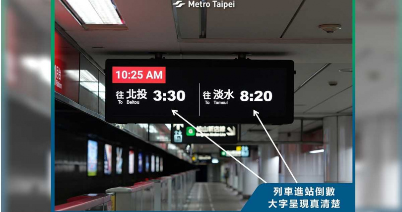 月台顯示器加大列車進站倒數的字體。（圖／翻攝自臉書／台北捷運 Metro Taipei）