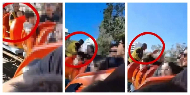 父親違規讓2歲男童坐在腿上乘坐雲霄飛車，最終導致墜落事故。（圖／翻攝自現場影片）