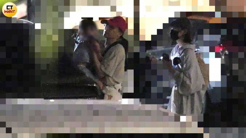 粿粿母女與一名紅衣女子在停車場會合，女子將粿醬接過去抱著回到新家，戴上口罩的粿粿走在後方。（圖／本刊攝影組）