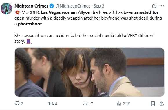 布利亞過往在網路上多次展現對槍械的迷戀，成為檢方呈堂證供。（圖／翻攝自X，@NightcapCrimes）