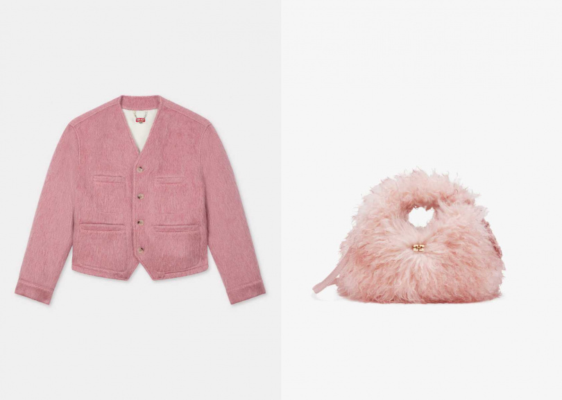 (圖/KENZO煙燻粉無領外套、GANNI毛絨感迷你流浪包)