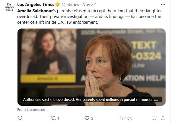 家屬質疑警方調查草率，砸下重金聘請私家調查團隊，認為亞蜜莉亞死因並非單純藥物過量。（圖／翻攝自X，Los Angeles Times）