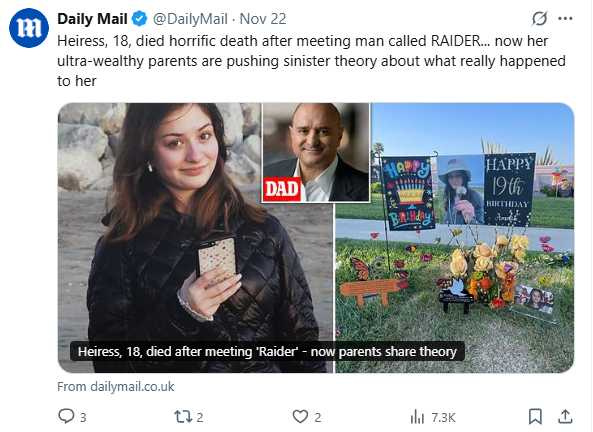 亞蜜莉亞的父母為追查女兒死因發起訴訟，矛頭直指洛杉磯市政府與執法單位。（圖／翻攝自X，Daily Mail）