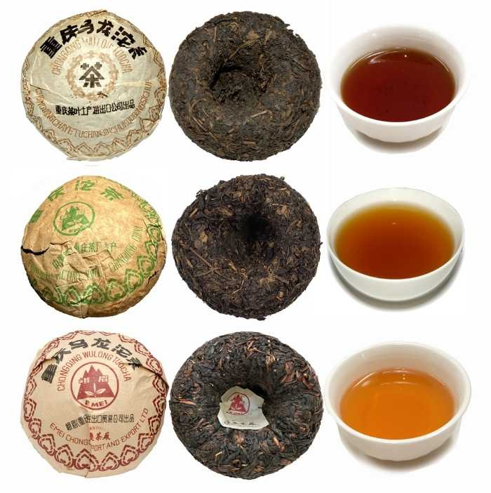 由上而下分別為1970、1983、2025年重慶沱茶的外觀及湯色表現。(圖/吳德亮攝影)