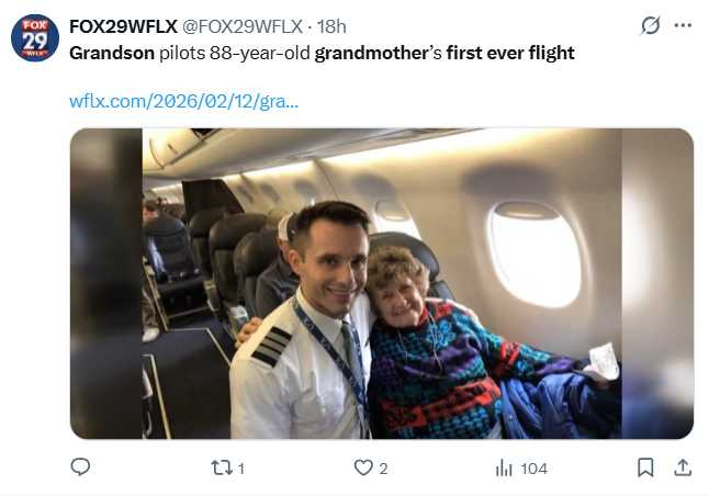 88歲法蘭西絲首次搭機圓夢,駕駛飛機的是她的親孫子。(圖/翻攝自X,@FOX29WFLX)