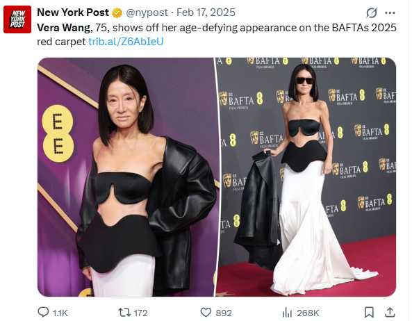 王薇薇出席第79屆英國影視藝文化學院獎相關派對，以平口上衣造型亮相，其造型與外貌變化成為網路話題。（圖／翻攝自X，@nypost）