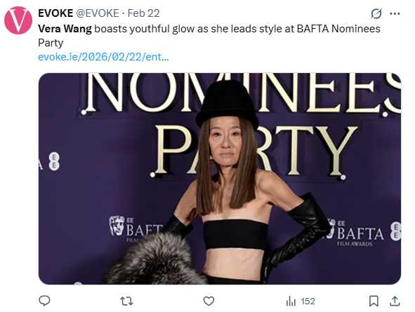 王薇薇出席第79屆英國影視藝文化學院獎相關派對，以平口上衣造型亮相，其造型與外貌變化成為網路話題。（圖／翻攝自X，@EVOKE）
