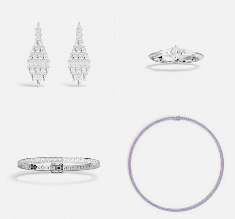 Art Deco垂墜耳環／6,200元，Art Deco戒指／2,400元，Lumière密鑲手鍊／6,600元，Lavande Lumière密鑲項圈／13,500元（圖／品牌提供）