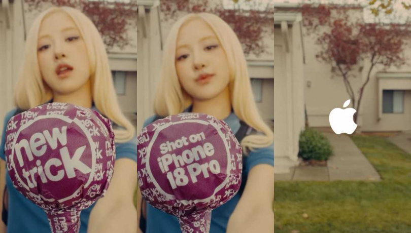 Rosé拿的粉紅棒棒糖上印著「shoot on iPhone 18 Pro」(以iPhone 18 Pro拍攝)字樣。(圖/翻攝自Rosé IG)