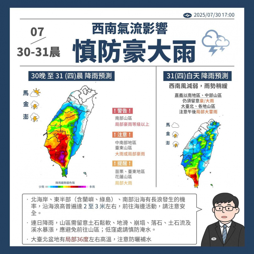 今明兩天西南氣流影響，苗栗以南民眾慎防豪大雨。（圖／翻攝自「氣象署-報天氣」臉書）