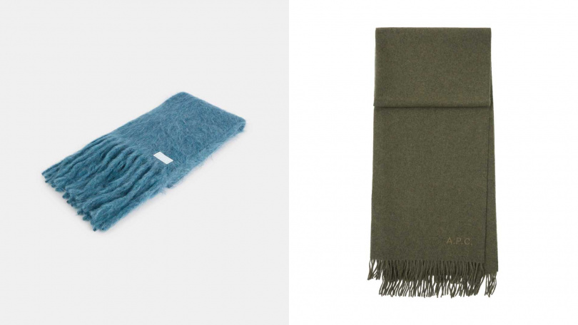 KENZO 雲絨印象霧藍色馬海毛圍巾、A.P.C.經典LOGO 墨綠ALIX圍巾(圖/品牌提供)