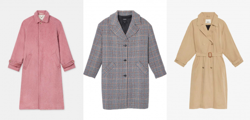 KENZO雲絨印象煙燻粉長大衣、A.P.C.NINON淺灰格紋混紡再生羊毛長版大衣、ISABEL MARANT 細緻桃絨淺褐色長版風衣外套(圖/品牌提供)