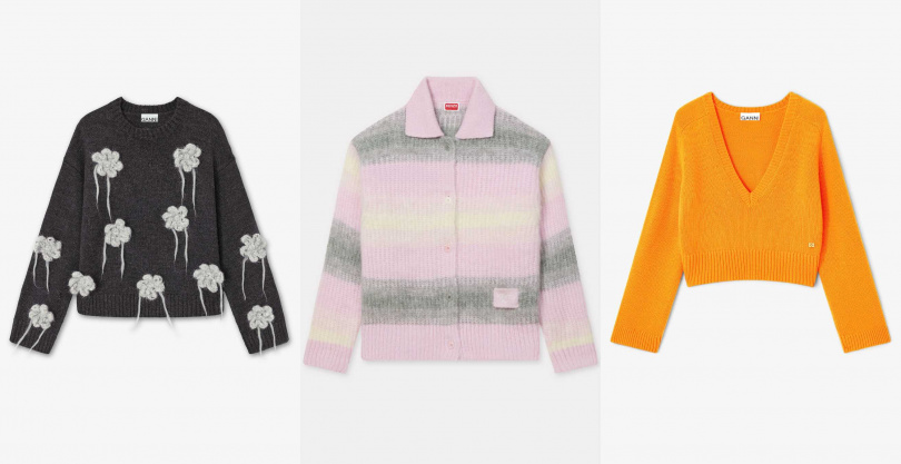GANNI復古花朵鉤針針織上衣-幽靈灰、KENZO 絨彩針織亮粉色針織開襟衫、GANNI 絨面馬海毛混紡深V領針織上衣-奶黃(圖/品牌提供)