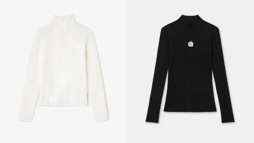 GANNI透視花卉緹花高領針織上衣-白鷺、KENZO BOKE2.0黑色羅紋長袖上衣(圖/品牌提供)
