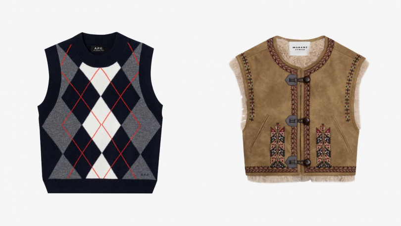 A.P.C.學院菱格深藍初剪羊毛毛衣背心、ISABEL MARANT 民族繡飾褐色絨毛背心(圖/品牌提供)