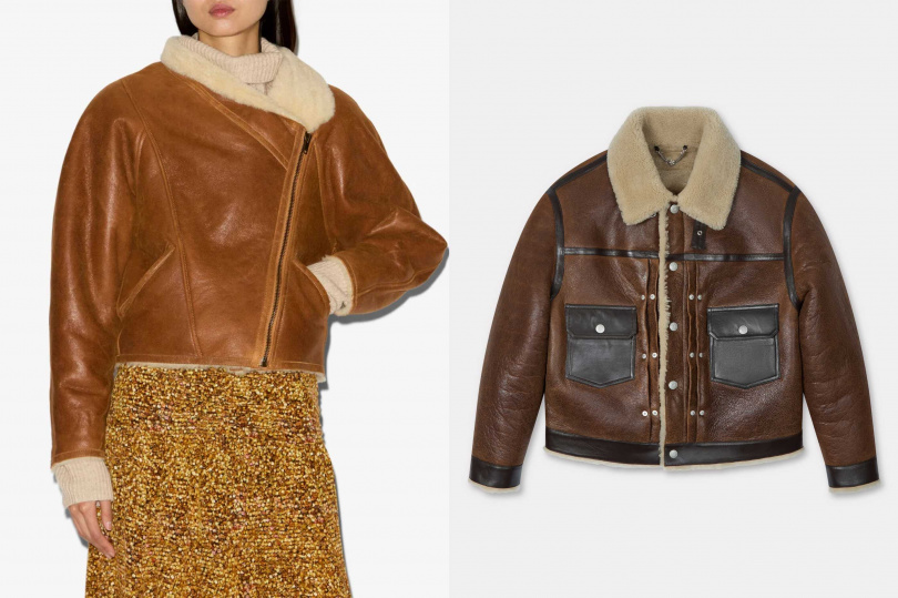 ISABEL MARANT 經典皮革棕色翻領外套、KENZO 皮革工藝棕色羊絨卡車司機外套(圖/品牌提供)
