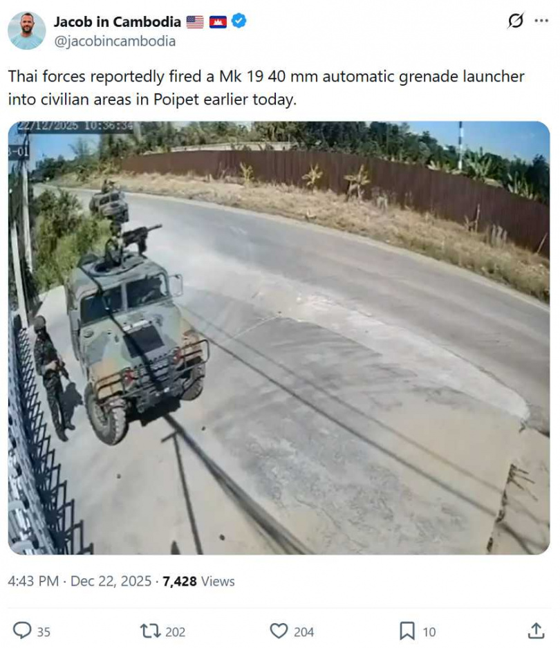 泰國與柬埔寨邊境本月再度爆發武裝衝突，造成大量平民撤離家園。（圖／翻攝自X，@jacobincambodia）