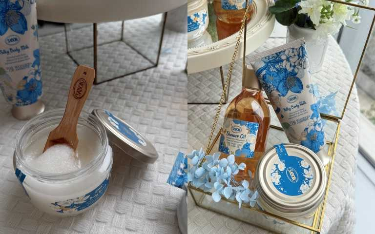 Sabon璀璨茉莉沐浴油300ml / 1,080元、Sabon璀璨茉莉身體磨砂膏320g / 1,580元、Sabon璀璨茉莉絲綢身體乳液200ml / 1,480元。(圖/黃筱婷攝)