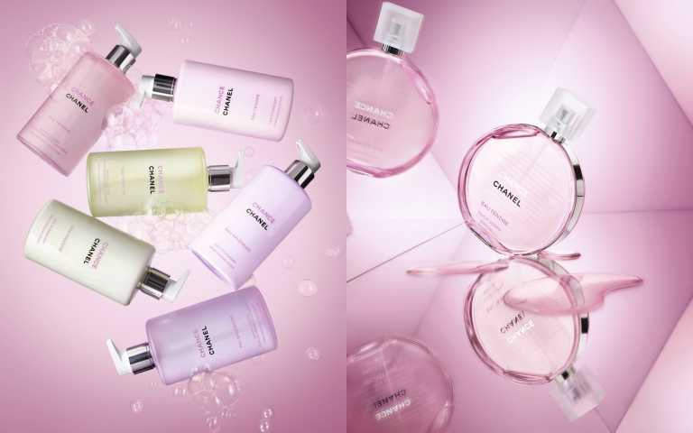 香奈兒CHANCE粉紅甜蜜系列,包括香水、沐浴露、身體乳、身體香氛精油。(圖/品牌提供)