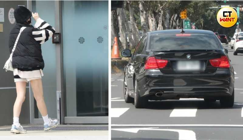 上月12日上午峮峮戴帽口罩低調出門，抵達內湖婦產科後沒看診，又改搭黑色BMW離開。（圖／本刊攝影組）