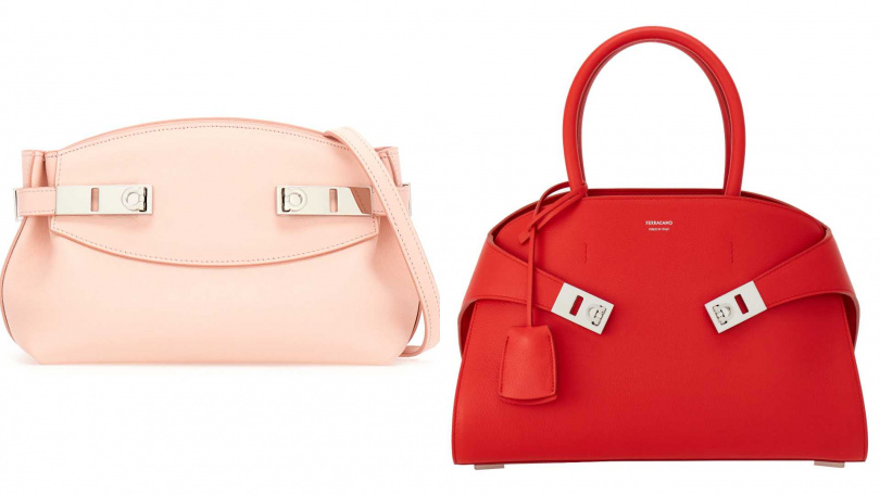 Ferragamo 淡粉色Hug crossbody包，紅色Hug手提包（圖／品牌提供）