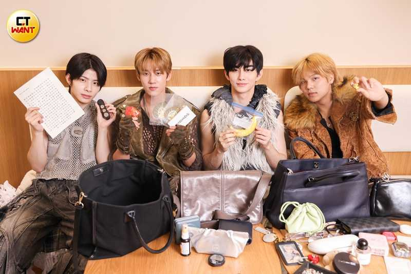 東翰（左一）被叮嚀要防小人，所以手抄般若波羅蜜心經改運，Vin（左二）會隨身帶著各國的平安符，雁凱（右二）當兵時曾有低血糖險暈倒的經驗，因此食物不離身，承慶（右一）的皮卡丘公仔是粉絲送的，他非常珍惜地帶著。（圖／林士傑攝）